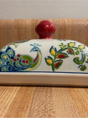 Ceramic Peacock Butter Dish in Red, Blue & Green